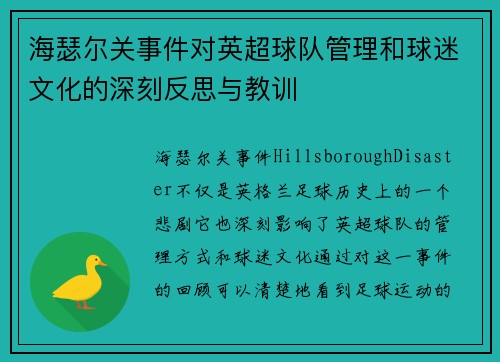 海瑟尔关事件对英超球队管理和球迷文化的深刻反思与教训
