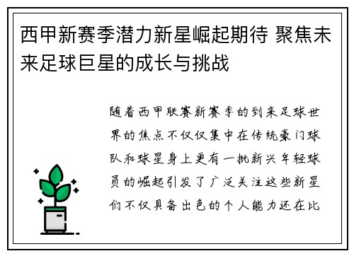 西甲新赛季潜力新星崛起期待 聚焦未来足球巨星的成长与挑战