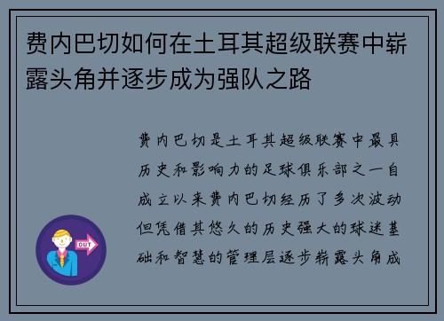 费内巴切如何在土耳其超级联赛中崭露头角并逐步成为强队之路 费内巴切如何在土耳其超级联赛中崭露头角并逐步成为强队之路